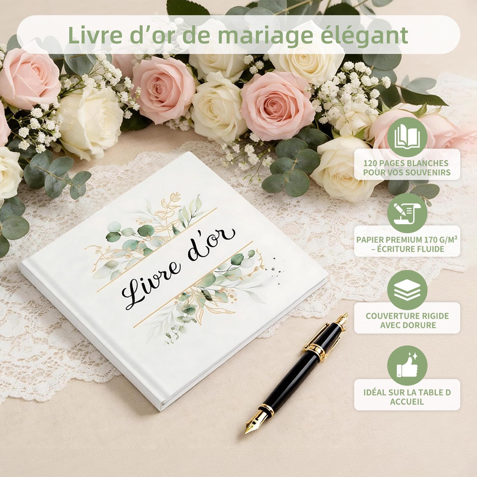 Livre d'or élégant à couverture rigide, 120 pages pour mariage, anniversaire, baptême