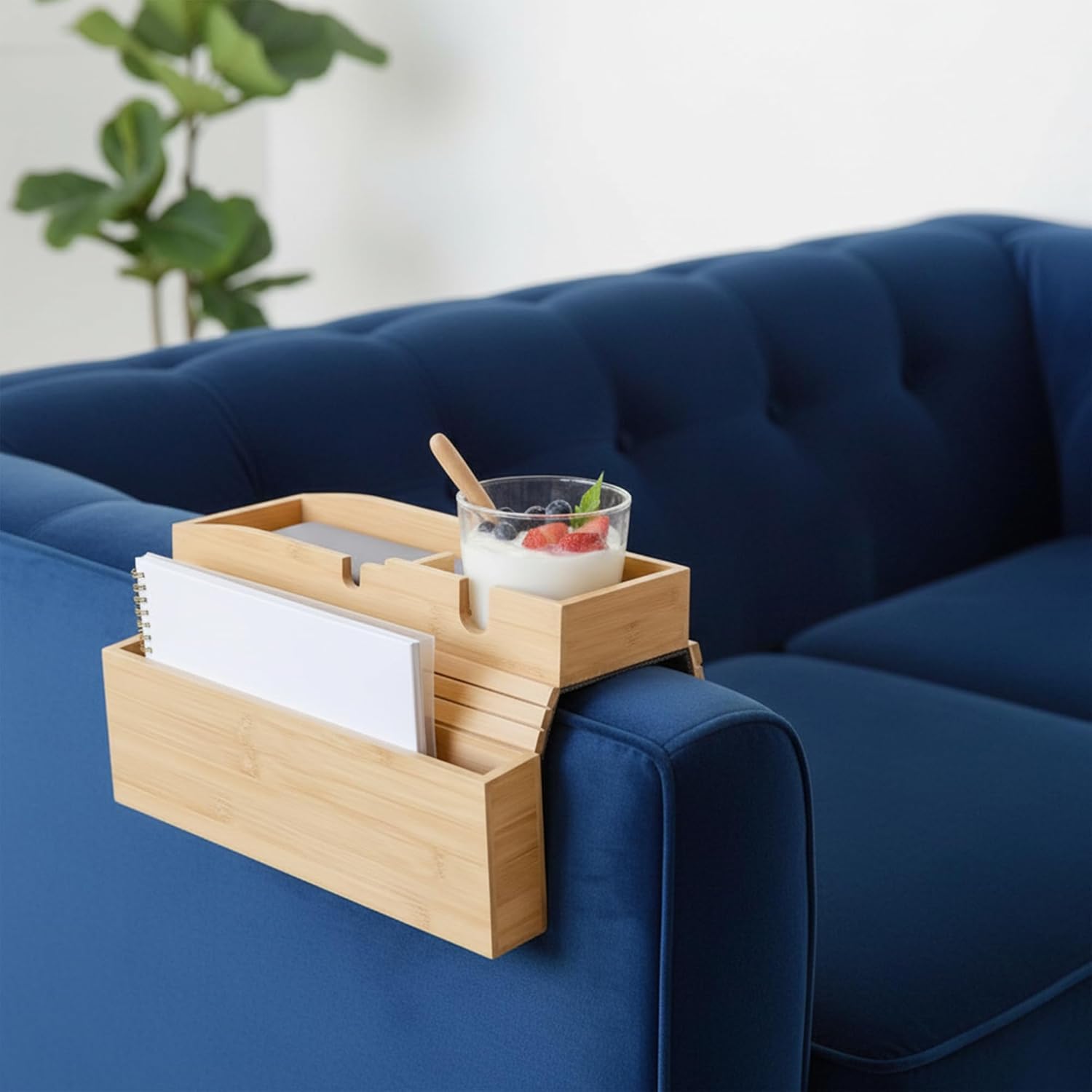 Bamboo Couch Cup Holder Tray, Couch Armrest Table with Side Storage Pocket and Phone Holder, Non-Slip Couch Caddy Tray for Drinks, Snacks, Remote and Phone