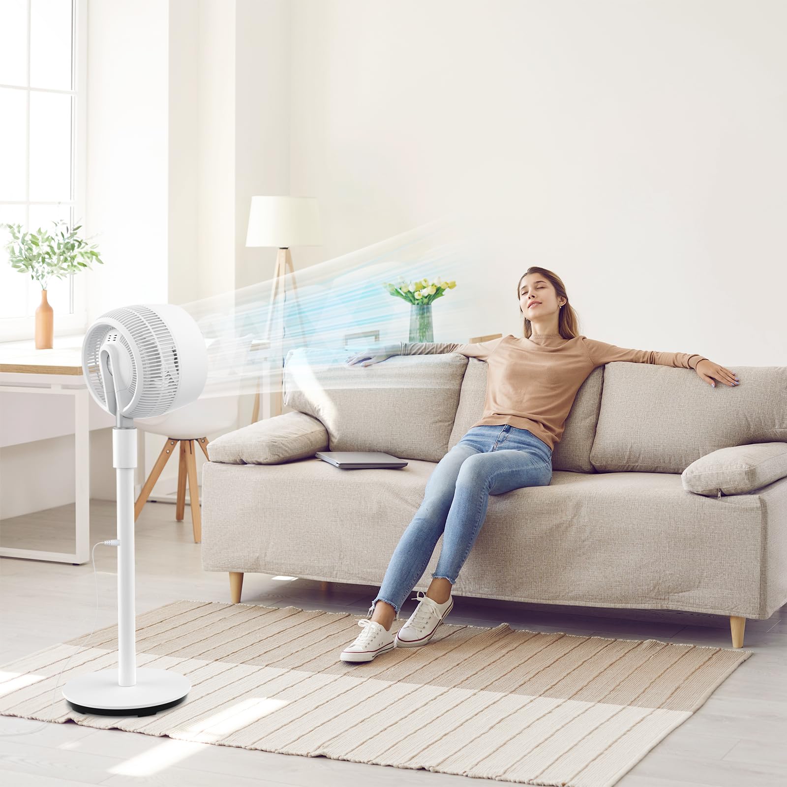 berssen Ventilateur sur Pied Silencieux Moteur DC 25dB Ventilateur de Circulation d'air, Oscillant 3D à 13 Vitesses 12h Minuterie, avec Panneau Tactile et Télécommande, Pour Bureau à Domicile