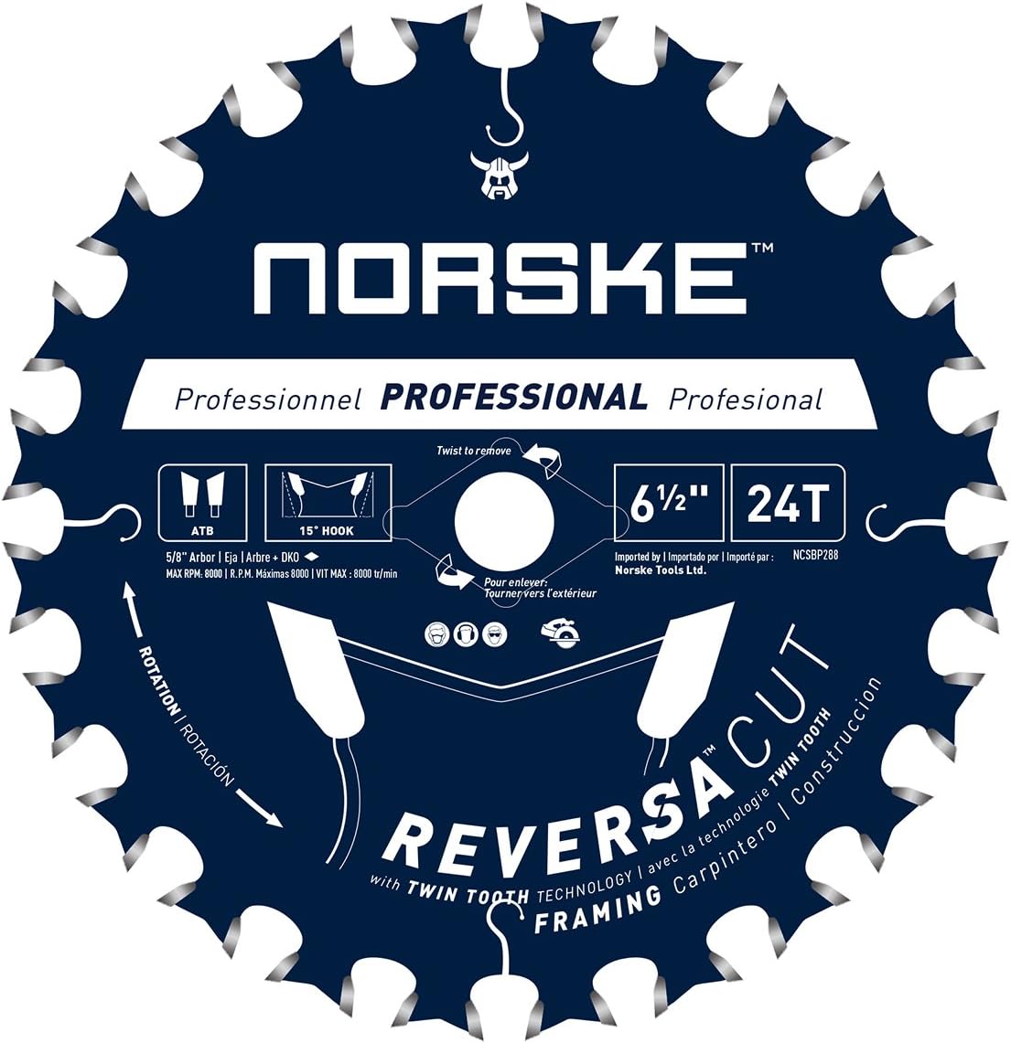 NorskeTools NCSBP288 6-1/2 inch x 24 Teeth Reversa Cut Framing Saw Blade 5/8 inch DIAMOND KNOCKOUT Bore One Blade Double Life Time for Sheet Goods, Deck & Fence, Framing Lumber and Studs & Composites