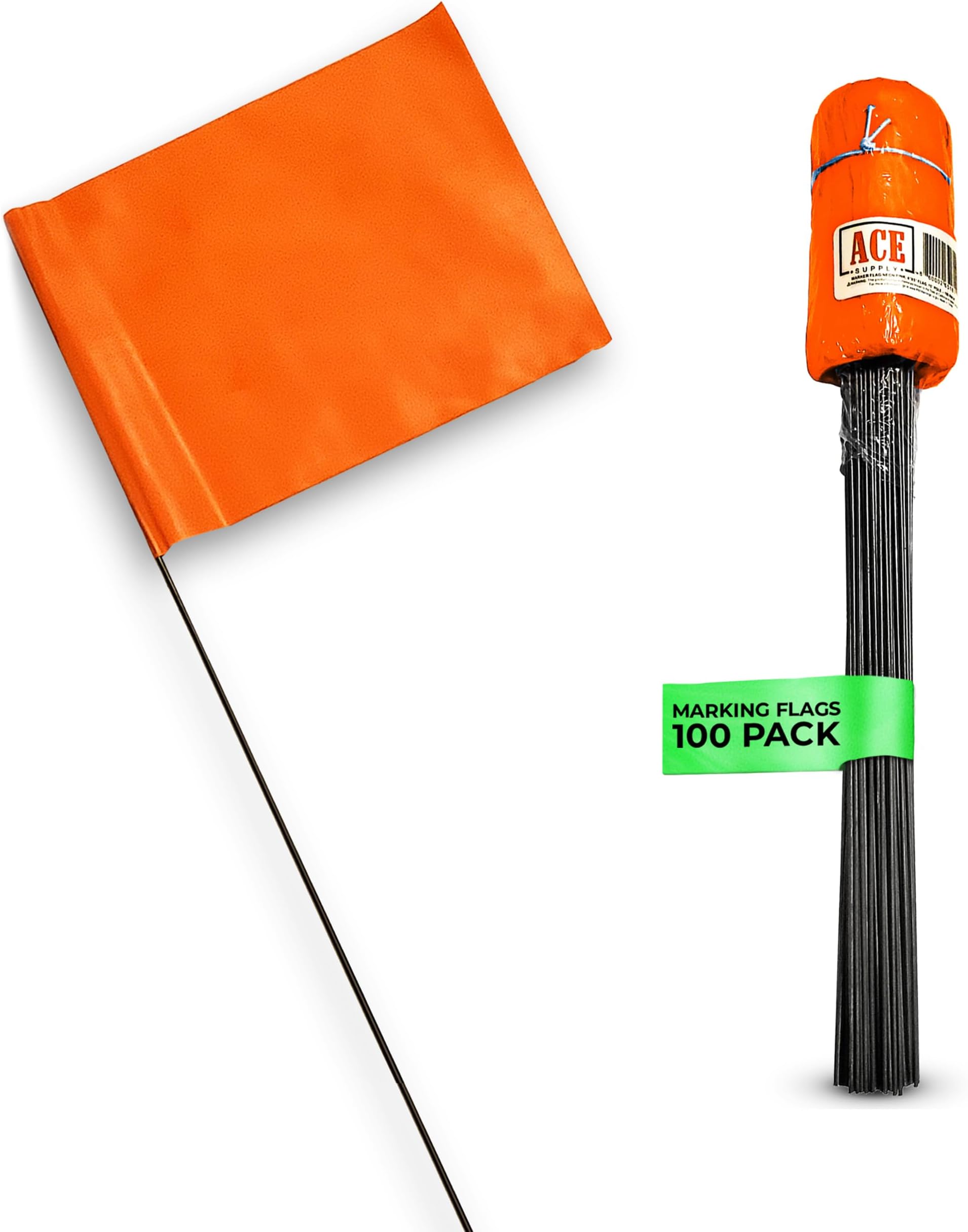 ACE Supply Orange Marking Flags 100 Pack,4x5-Inch Flag on 15-Inch Steel Wire,Yard Flags, Marker Flags for Lawn, Irrigation Flags, Sprinkler Flags, Compatible with Invisible Fence Flags