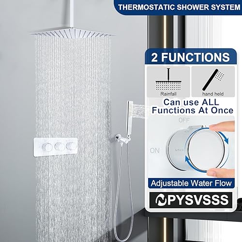 Miniatura 2 de Sistema de ducha de lluvia de cuerpo completo de 12 pulgadas, montaje en el techo, sistema de grifo de ducha de doble función, con cabezal de ducha