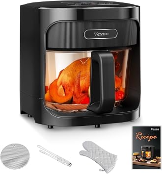 Vexon 4.5L Glass Air Fryer ,Clear Viewing Window ,Easy-to-Clean Basket ,Multiple Cooking Modes ,User-Friendly Digital Controls Black