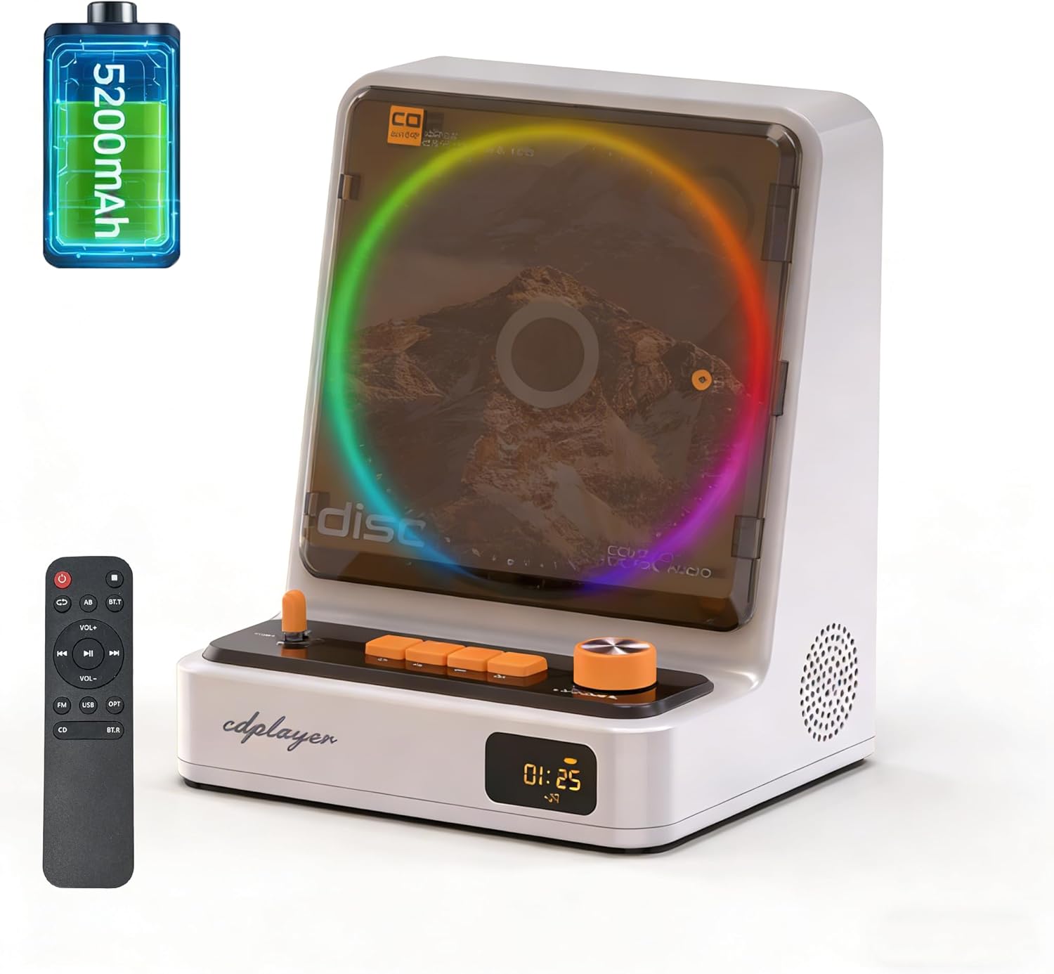 Portable Bluetooth CD Player Desktop with Dual Stereo Speakers, 5200mAh Rechargeable, Colorful Ambient Light, FM Radio, Remote Control, Timer, LED Display,USB/AUX/Type-C, Ideal Festival Gift