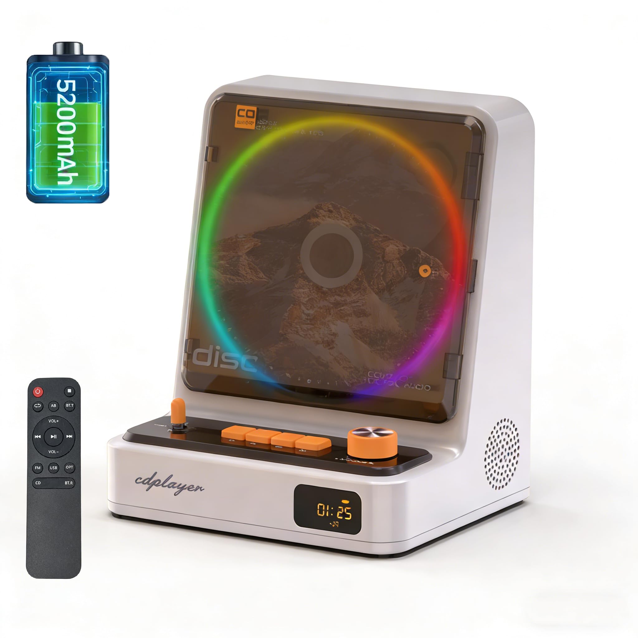 Portable Bluetooth CD Player Desktop with Dual Stereo Speakers, 5200mAh Rechargeable, Colorful Ambient Light, FM Radio, Remote Control, Timer, LED Display,USB/AUX/Type-C, Ideal Festival Gift