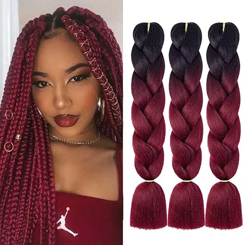 Cabello trenzado de mezcla de fibras sintéticas sedosas, tamaño jumbo, colores de arcoíris morado, rojo y rosa, extensiones de cabello Kanekalon