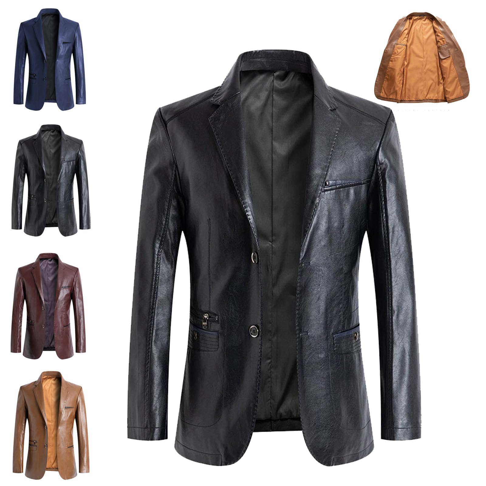 WINDEHAO Men's Leather Blazer Real Lambskin Casual Lapel Fit 2 Button Jacket, Slim Business Suit Blazers Smart Motorcycle Biker Jacket (black,M)