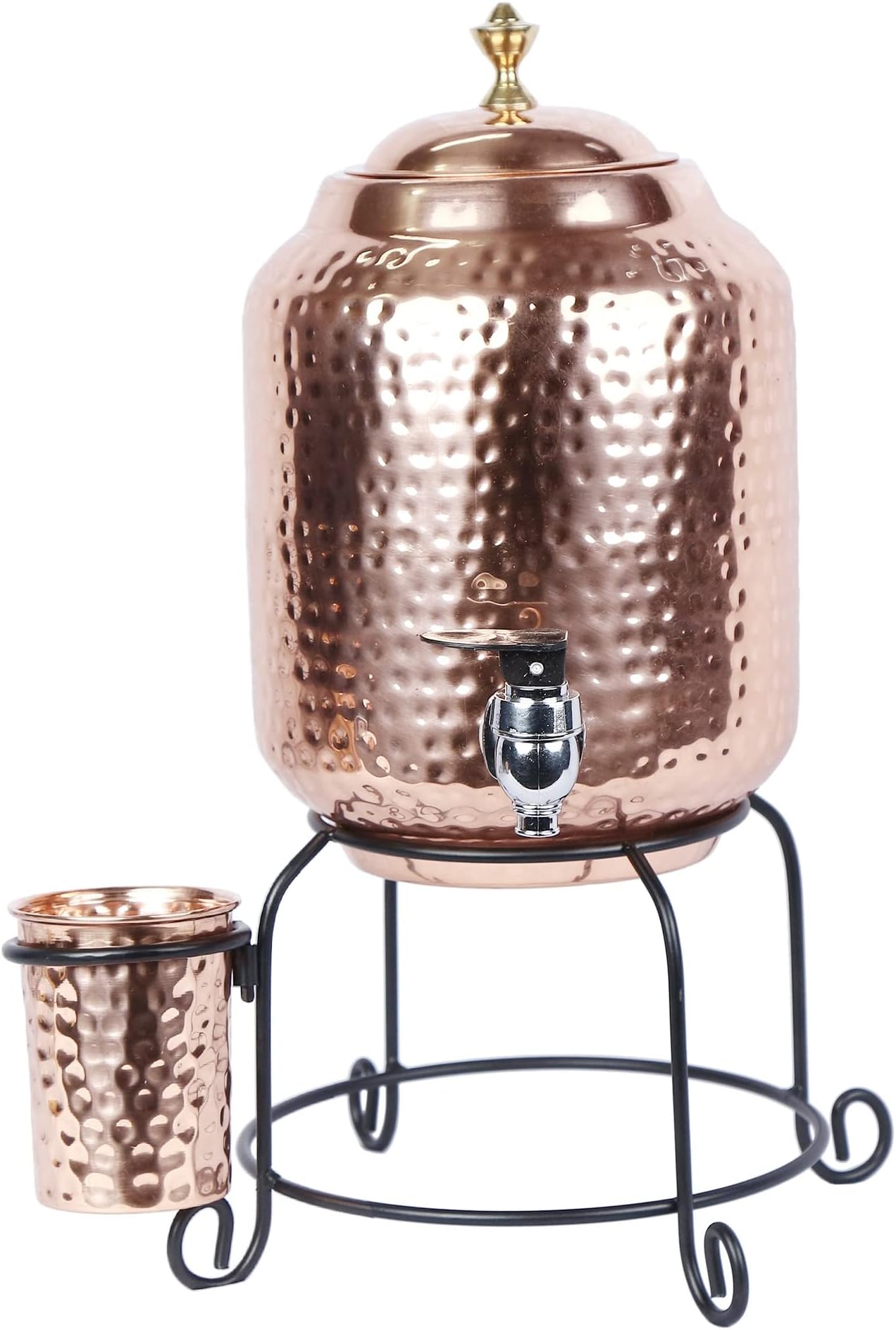 R Ayurveda Copper Handmade Copper Matka Hammer With Dotted Hammer Design With Stand And Glass, 5 Liter, 3-Piece, Clear,Reddish Brown