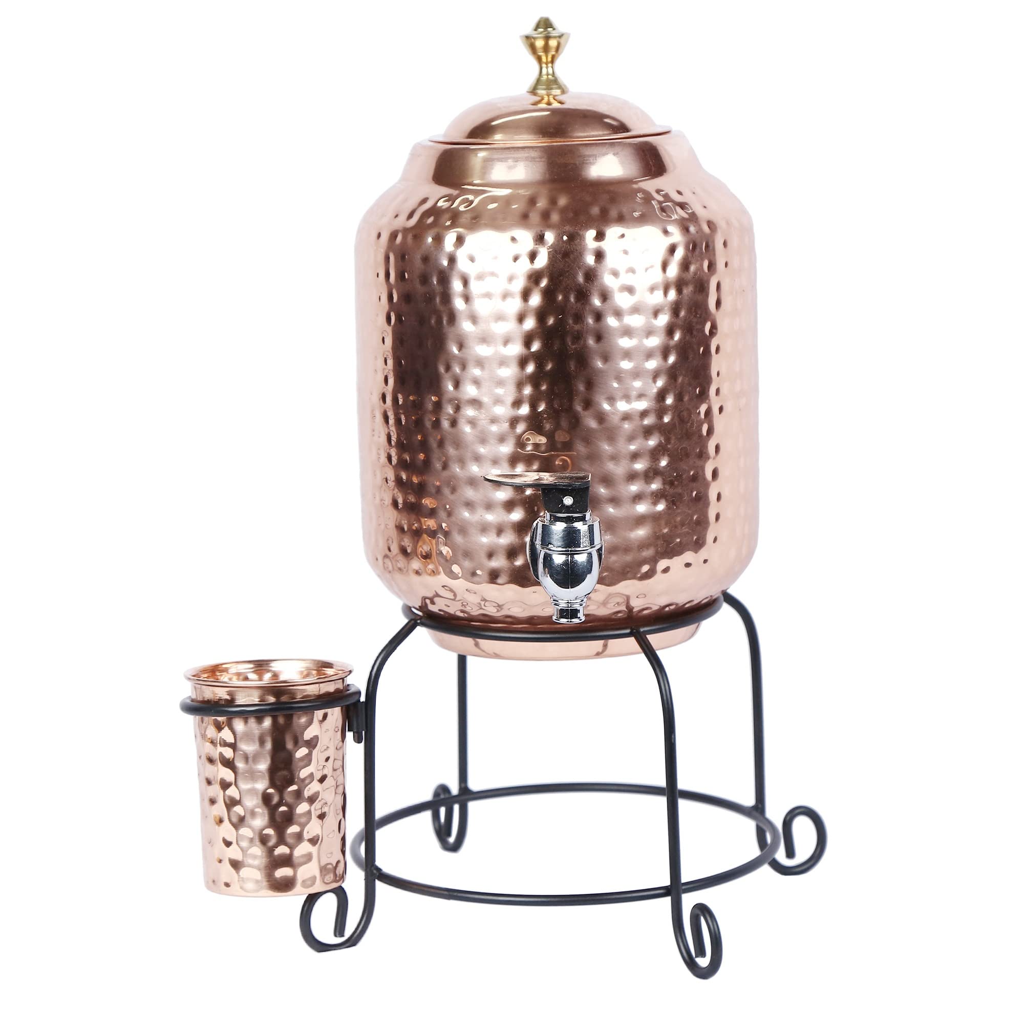 R Ayurveda Copper Handmade Copper Matka Hammer With Dotted Hammer Design With Stand And Glass, 5 Liter, 3-Piece, Clear,Reddish Brown