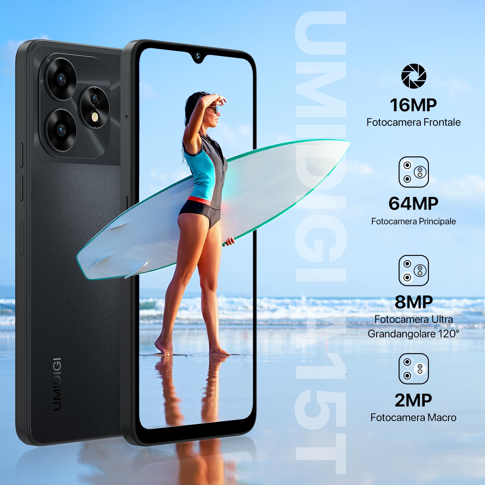 UMIDIGI A15T NFC Smartphone(2024) 16+128GB, MediaTek Helio G95,Tripla Fotocamera 64+8+2MP,Frontale 16MP,Display 6,7”HD+,5000mAh,Android 13,Telefono Cellulare 4G Doppia SIM/Sblocco Facciale/GPS-Nero
