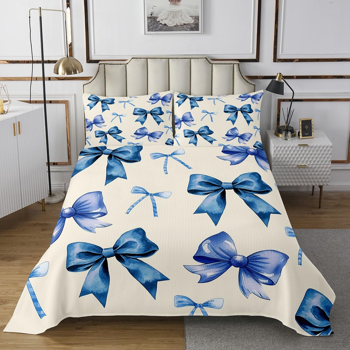 Erosebridal Navy Blue Bow Bedspread Set Queen Size,Watercolor Ribbon Bowknot Coverlet Set for Kids Girls Teens,Coquette Bowtie Bed Set for Bow Lovers