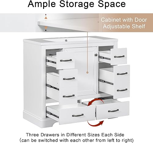 Miniatura 4 de Harper & Bright Designs Tocador de baño de 36 pulgadas sin fregadero, gabinete de baño de madera independiente con 6 cajones y un gabinete con