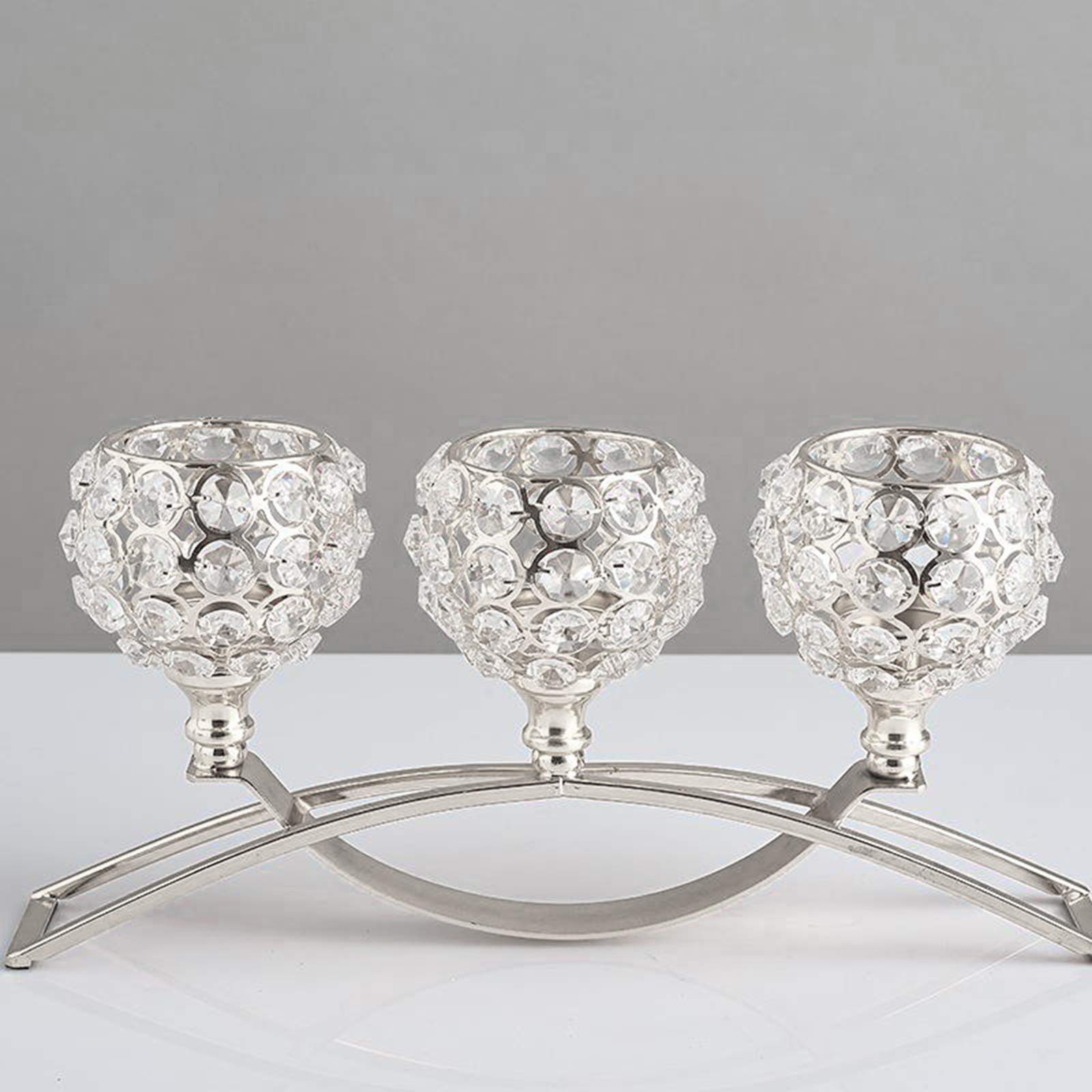 Portavelas de cristal de 3 brazos, centro de mesa, decoración de mesa de bufé de boda, plateado