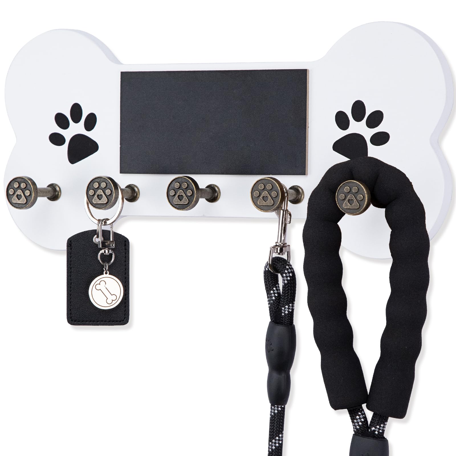 Nekon Dog Leash Holder for Wall - Wooden Key Holder Wall Mount for Entryway Organization - Pets Accessories Storage with Chalkboard and Hooks (White)