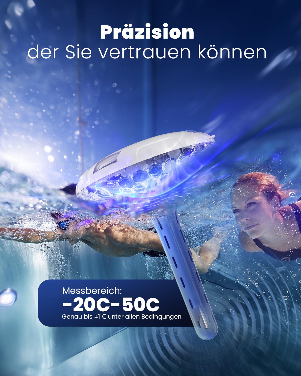 Solar Digital Pool Licht mit Dual LCD Bildschirmen, Leicht ablesbares Schwimmendes Poolthermometer mit 8 dynamischen Lichteffekten, IPX7 Wasserdicht Digital Thermometer