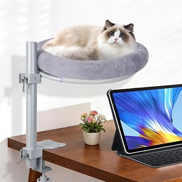 Cat Desk Bed,Steel Cat Bed for Desk,Up and Down Available,360 Rotating, Shelf Height Adjustable, Desktop Attachment Cats Nest Perch Hammock for Office Game Tables, Supports 40lb Dark Gray