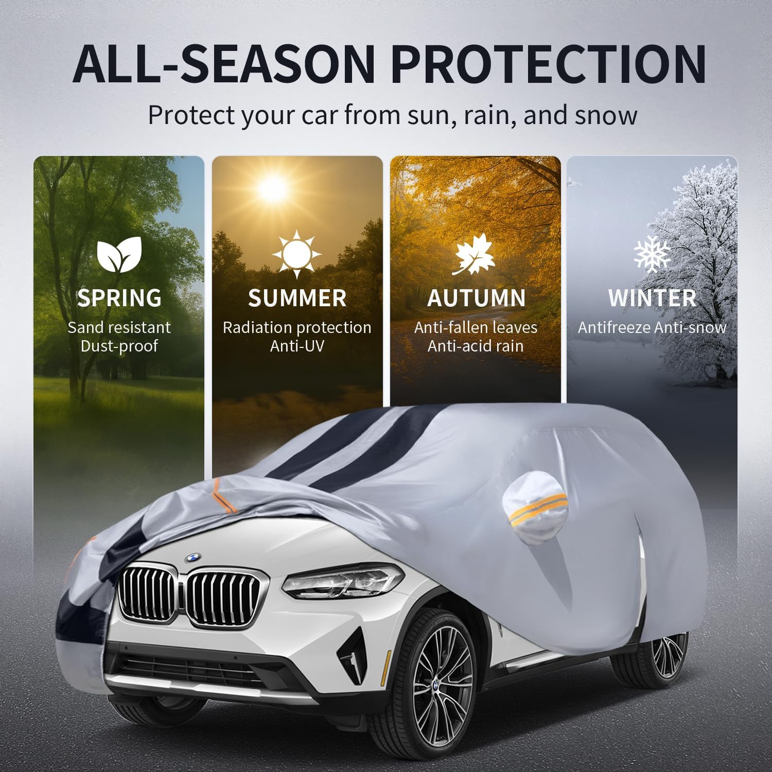 Multi-Layer Car Cover Custom Fit for BMW X3(2010-2026), 100% Waterproof All Weather for Automobiles, Gift with Towel, Heavy Duty Car Covers for Rain Sun UV Protection with Door Zipper.