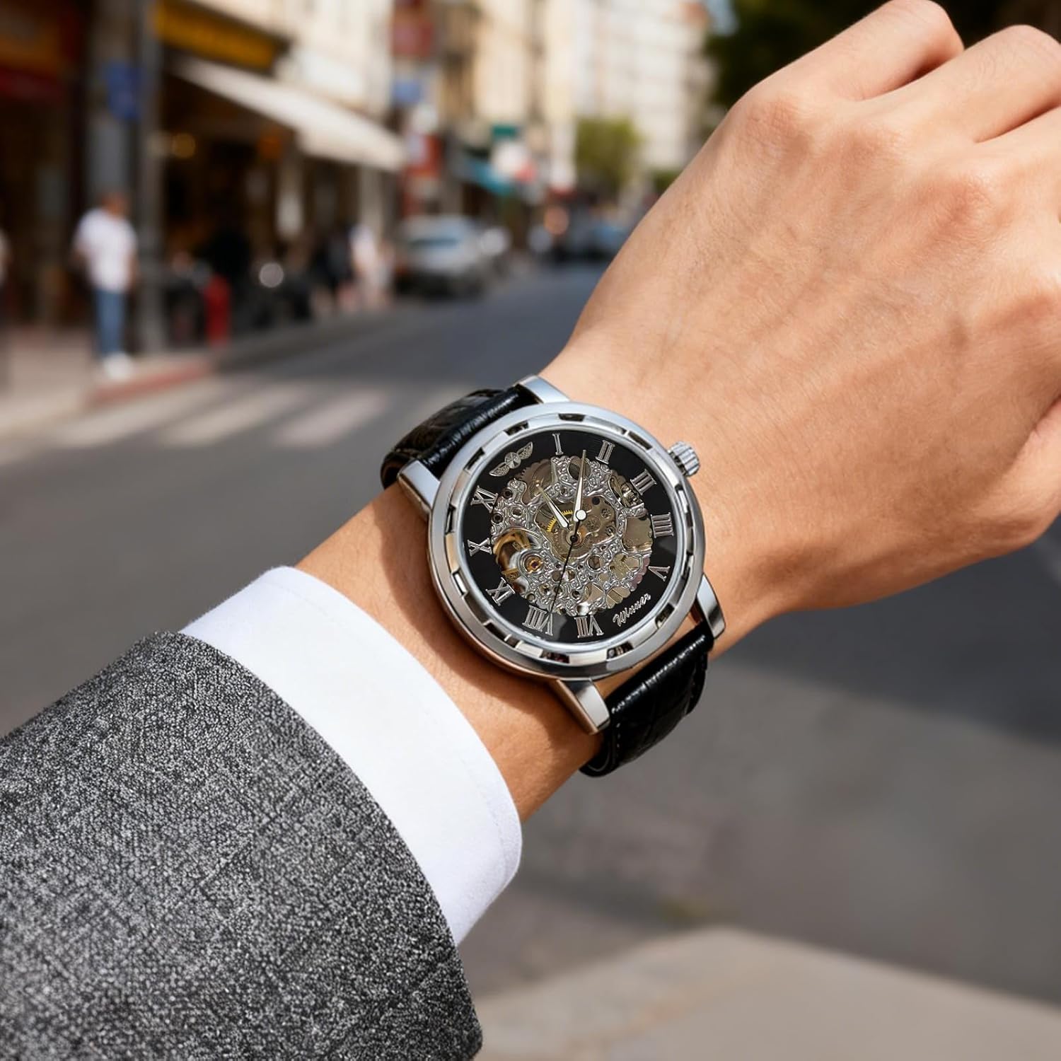 GLEIM Men's Watch, Mechanical Skeleton Steampunk Design Automatic Self-Winding Roman Numeral Silver Case PU Leather Wrist Watch - Image 2