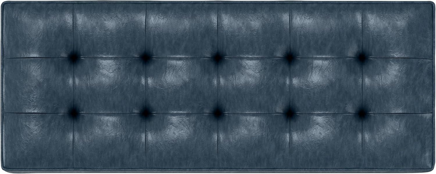 SIMPLIHOME Cosmopolitan Storage Ottoman Bench - 44 inch Wide Upholstered Vegan Leather Rectangle Storage Ottoman in Denim Blue, Transitional Bench for Bedroom with Tufted Lift-Top and Open Shelf