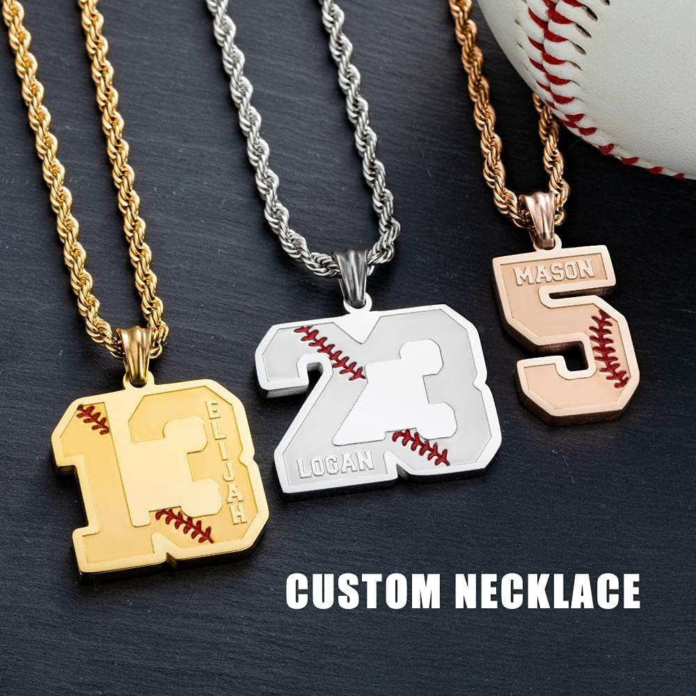 Personalized Sports Number Necklace With Name - Baseball Softball Number With Name Pendant - Lucky Number Sports Charm Gift: Clothing, Shoes & Jewelry