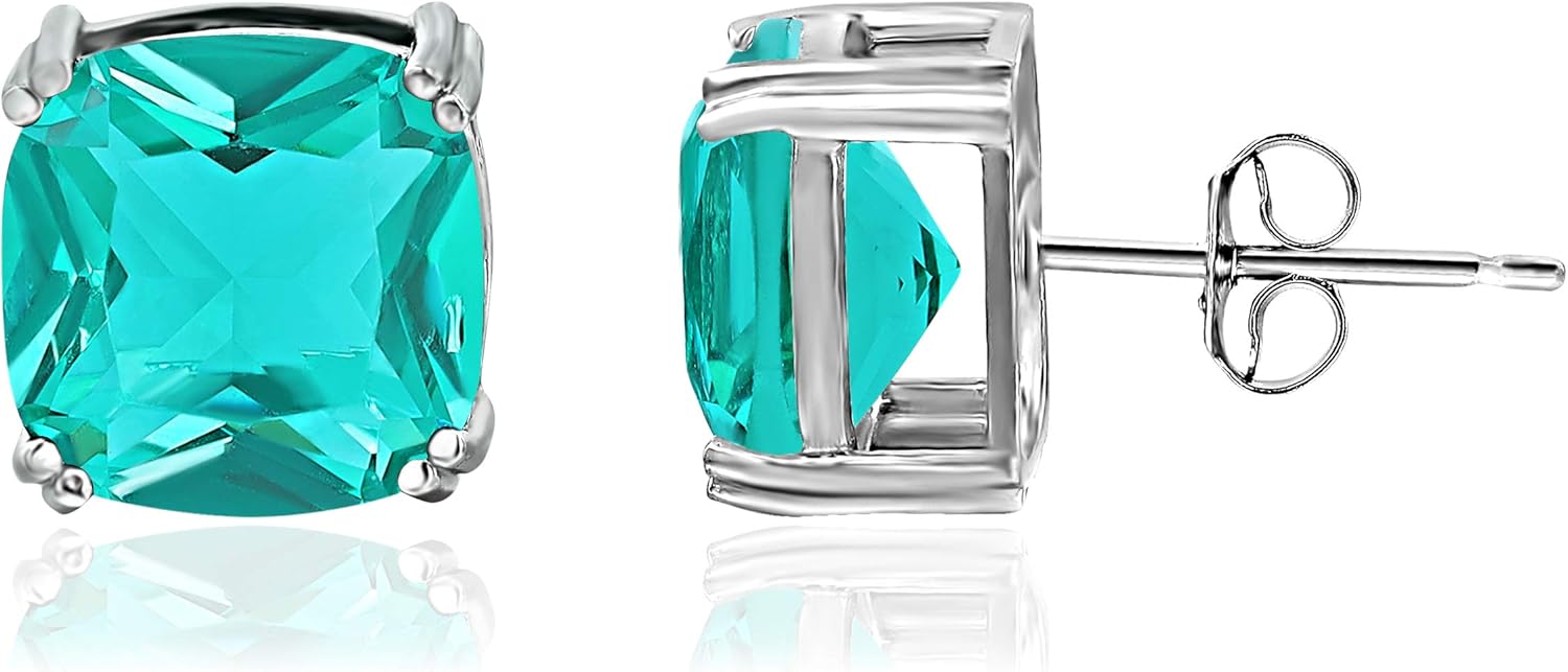 Sea of Ice Sterling Silver Cushion-Cut Simulated Gemstone Stud Earrings for Women – 10mm Cushion-Cut - Elegant Sterling Silver Earrings for Women – Nickel-Free