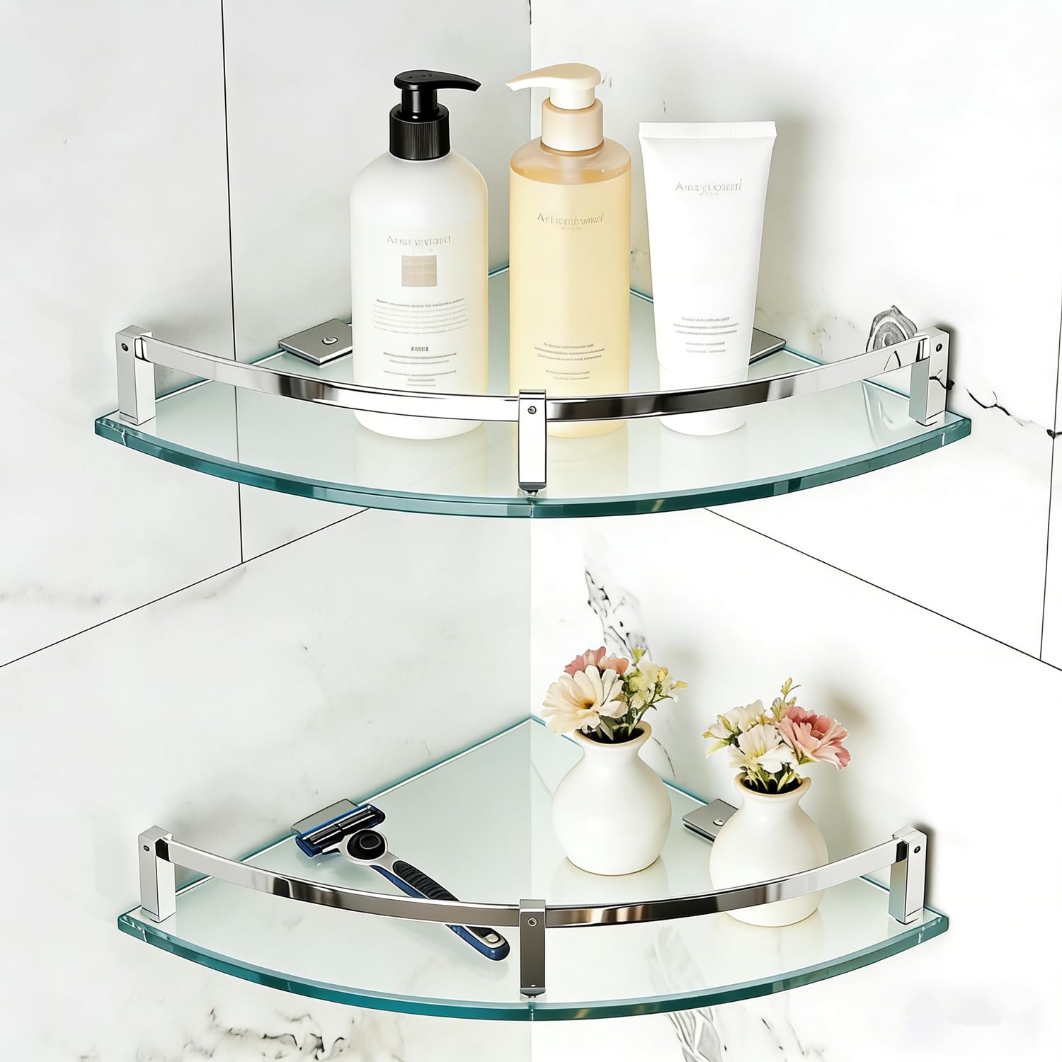 Bathroom Shelves, Glass Shelf Wall Mounted Glass Corner Shower Shelf for Bathroom with 304 Stainless Steel Rail (2 Packs)