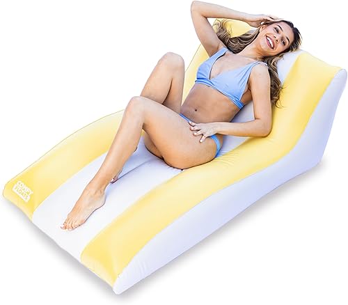 Comfy Floats Tumbona inflable gigante de lujo, flotador de piscina de silla para adultos, blanco y amarillo