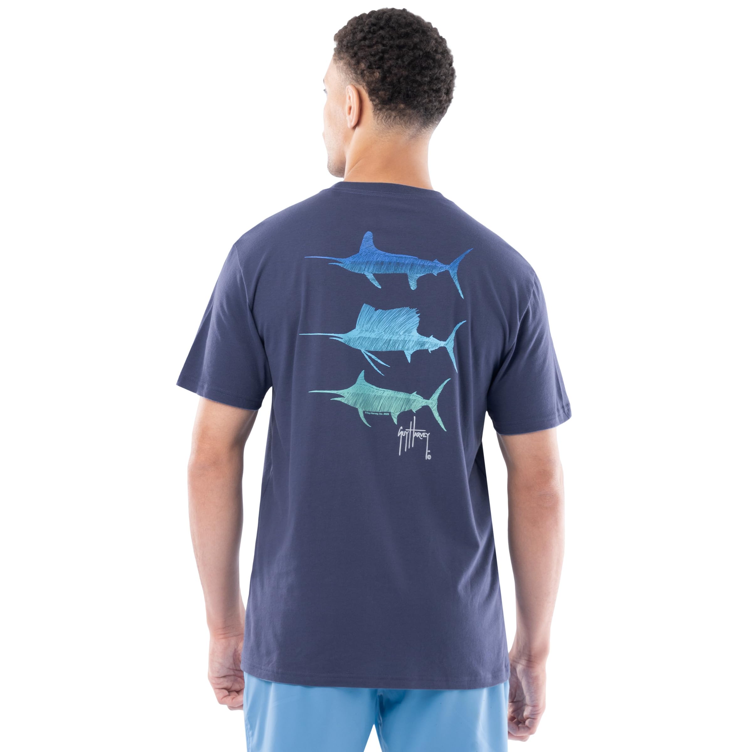 Guy Harvey Men’s Short Sleeve Lightweight Cotton Fishing Graphic T-Shirt, Crown Blue/Gradient Bills, Large