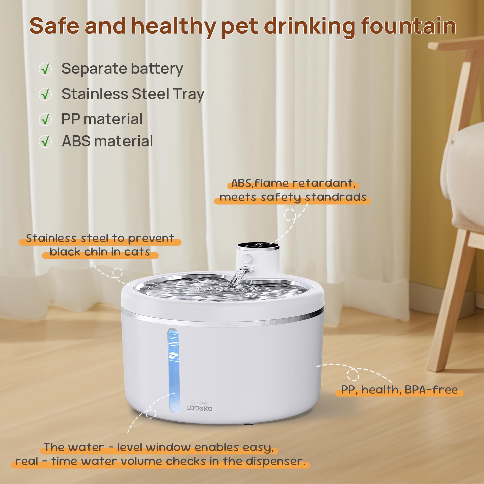 Wireless Cat Water Fountain with Stainless Steel Tray, 102oz/3L Pet Water Fountain for Cats Inside, Cat Fountain for Drinking with Motion Sensor, Ultra Quiet Pump (White, 102oz+8Filters) - image 8