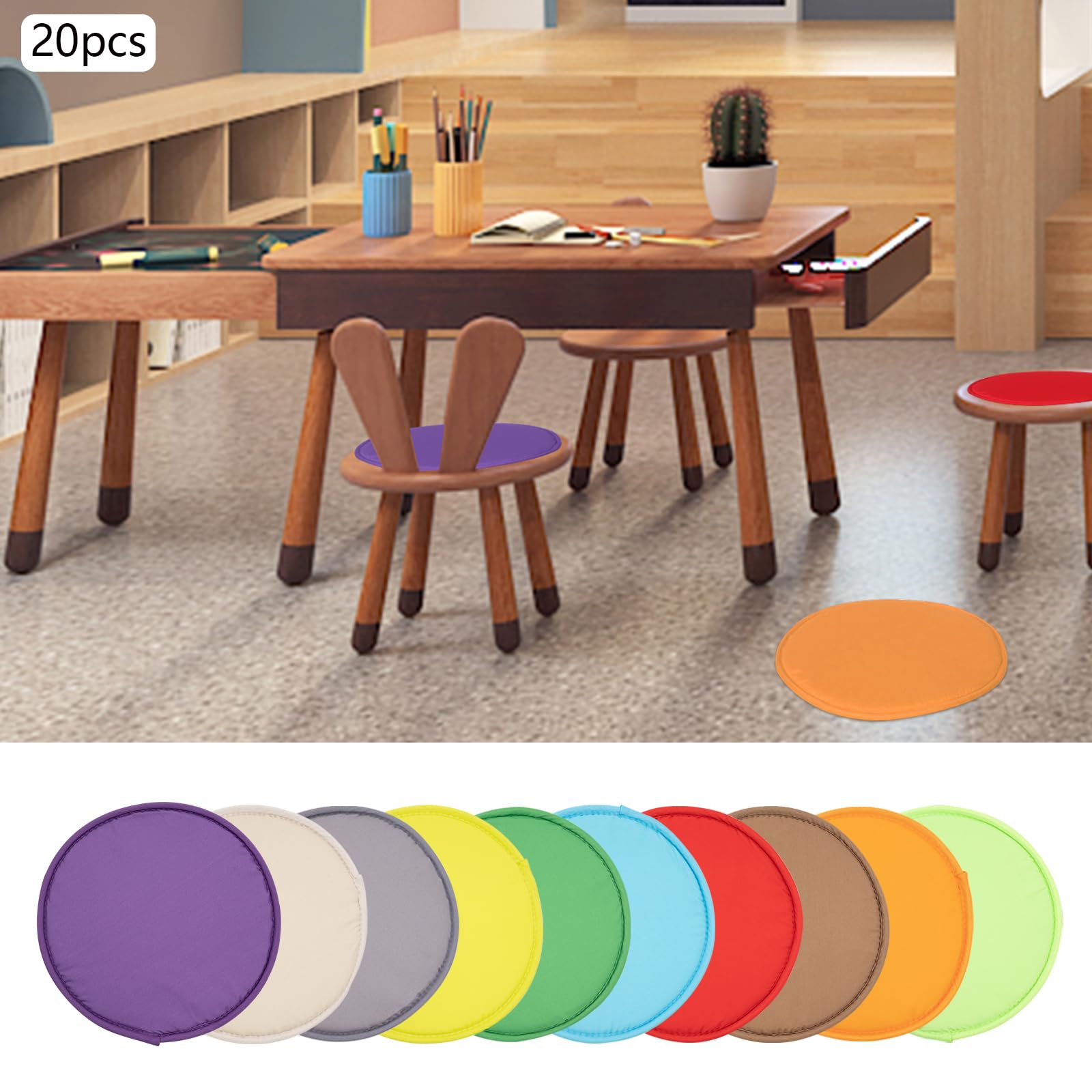Set di 20 cuscini di seduta rotondi in gommapiuma, per esterni, bambini, antiscivolo, per bambini, scuola, asilo, multicolore