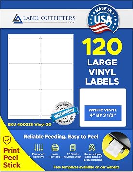 120 Label Outfitters 4" x 3.33" Shipping Size Weatherproof White Vinyl Labels - 20 Sheets