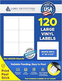 120 Label Outfitters® 4" x 3.33" Shipping Size Weatherproof White Vinyl Labels - 20 Sheets