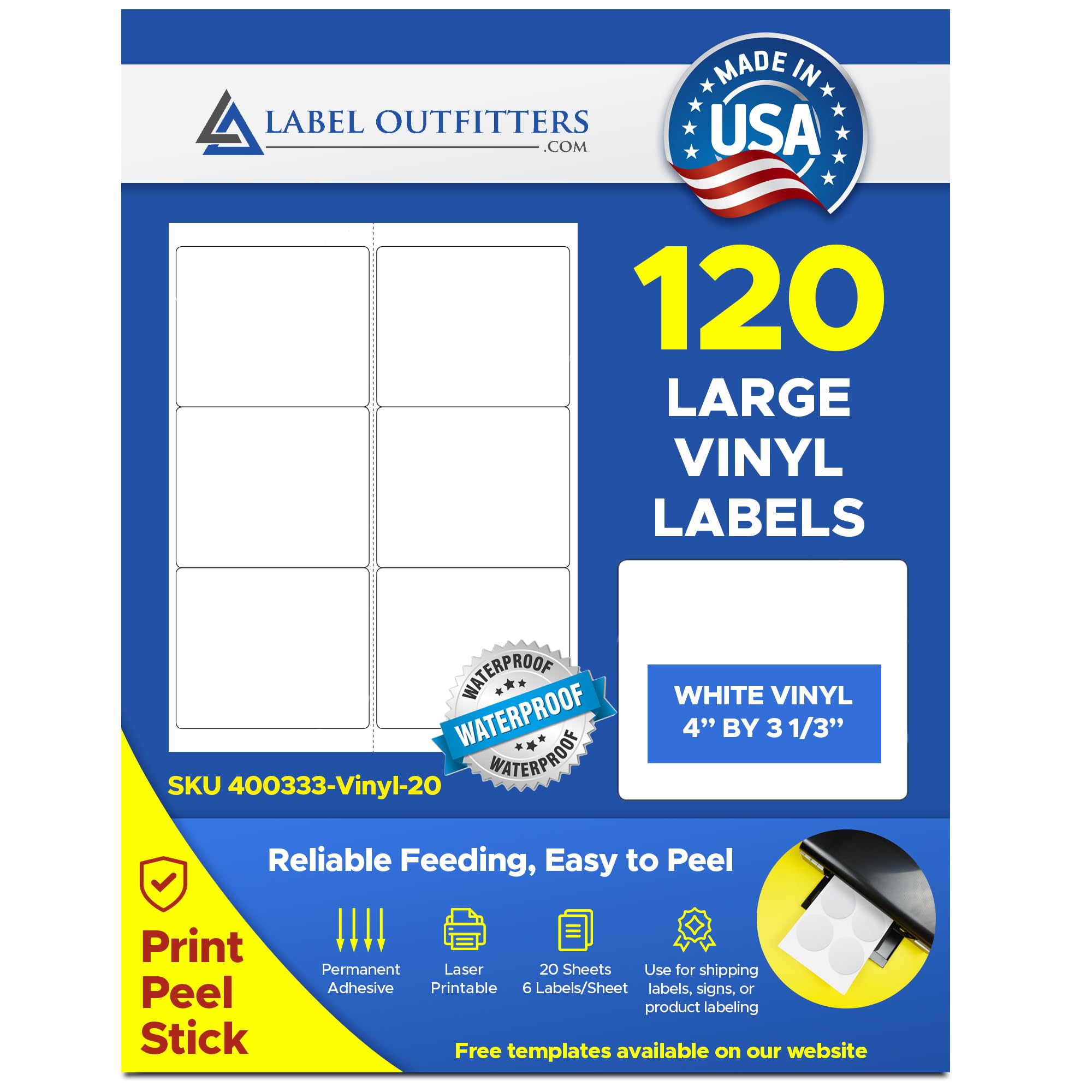 120 Label Outfitters® 4" x 3.33" Shipping Size Weatherproof White Vinyl Labels - 20 Sheets