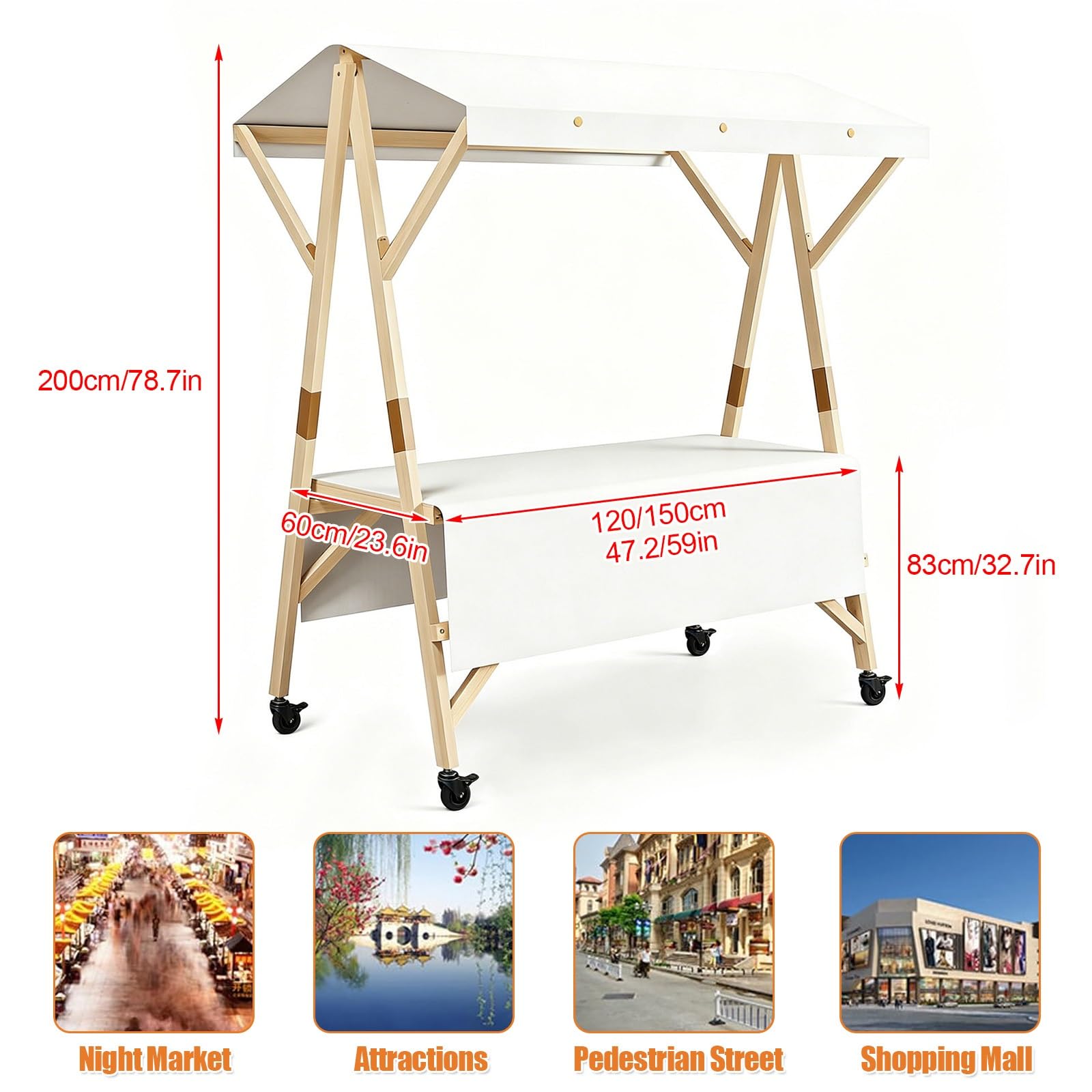 HARELA Imbisswagen Aus Holz, Marktstand Imbisswagen mit Markise Und Feststellrädern, Marktstand-Ausstellungsständer für Outdoor, für Straßen-/Bauernmärkte/Handwerksausstellungen(Pink A,150cm/59in)