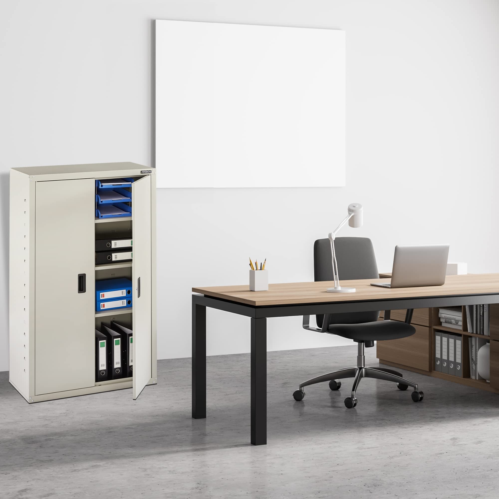 Arebos Armario archivador de oficina, 140 x 90 x 40 cm, 2 puertas, con 3 estantes ajustables en altura, con cerradura de cilindro, gris