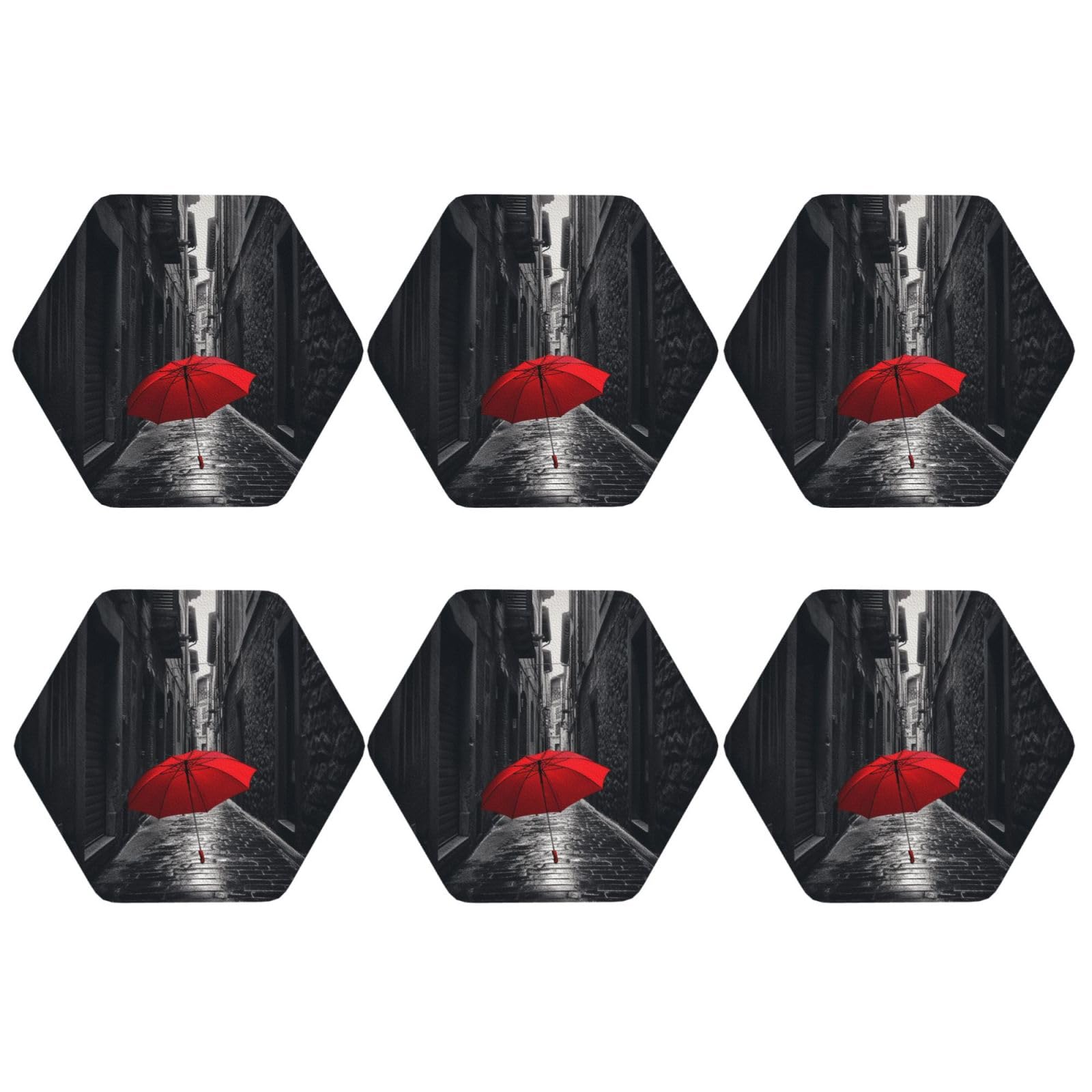 6pcs Leather Coasters for Drinks, Red Umbrella Dark Street Drink Coasters for Tabletop Protection, 4" Cup Coasters for Coffee Table Decor, Non-Slip Drinking Cup Mat for Hot Or Cold Drink