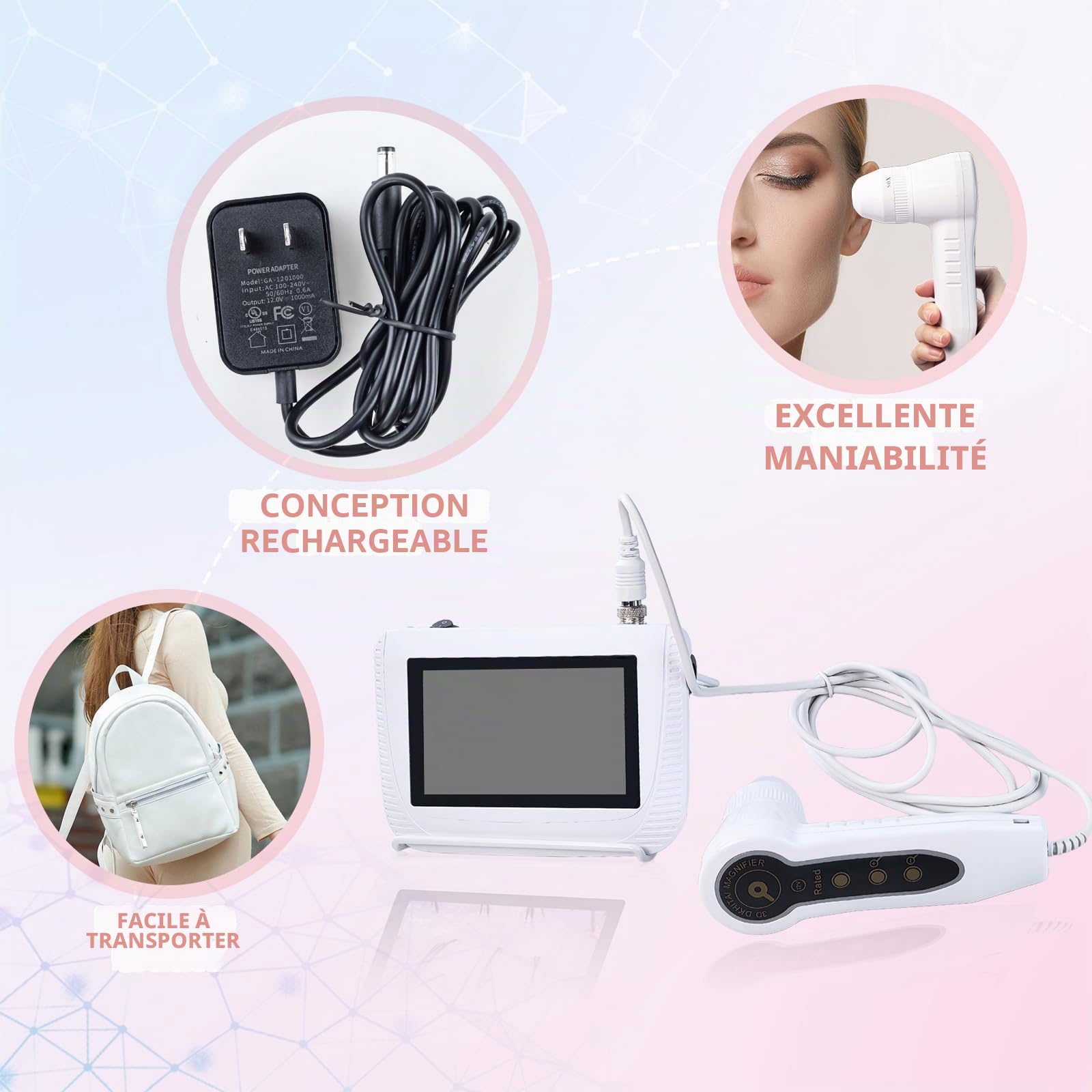 Analyseur de Cheveux de Peau Microscope Numérique LCD 5 Pouces Scanner Détecteur de Cuir chevelu 50X 200X Portable Rechargeable Huile de follicule pileux Détecteur d'Augmentation d'Humidité
