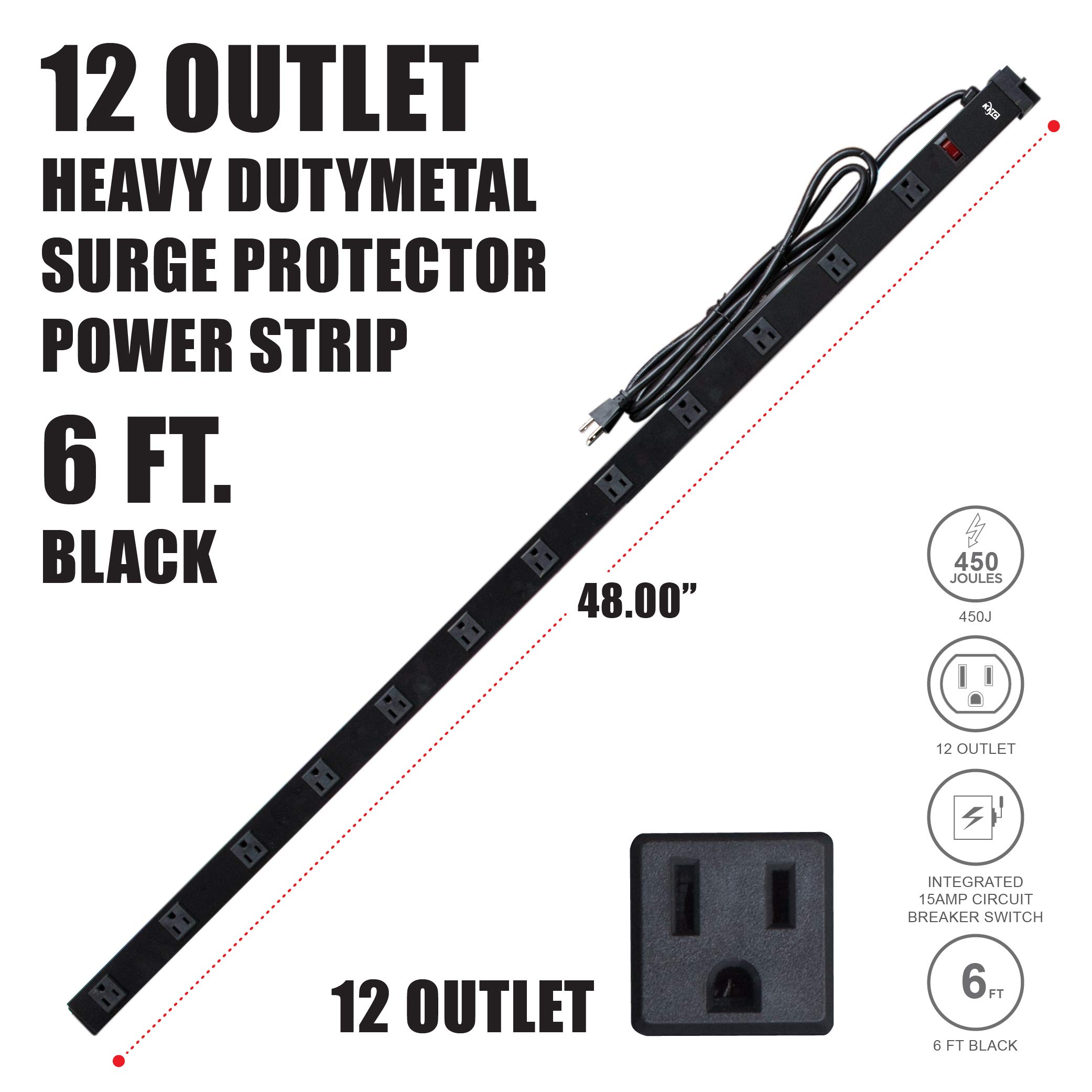 KMC 12 Outlet Heavy Duty Metal Surge Protector Power Strip with 6-Foot Long Extension Cord, 125V/15A, Black