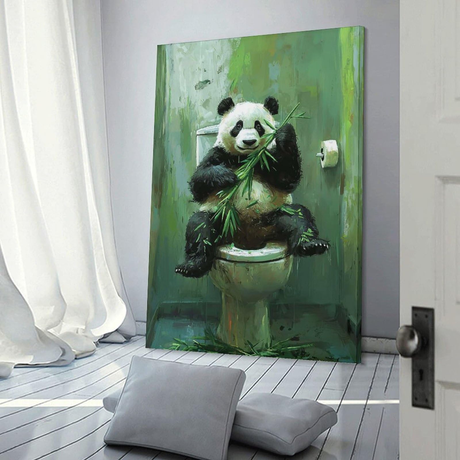 Junmoney Frame-Style-10 Hanging Wall Art Panda On Toilet, 24X36inch(60X90cm), For Gallery Wall Layouts In Home Or Office, An Easy Match For Collected Prints