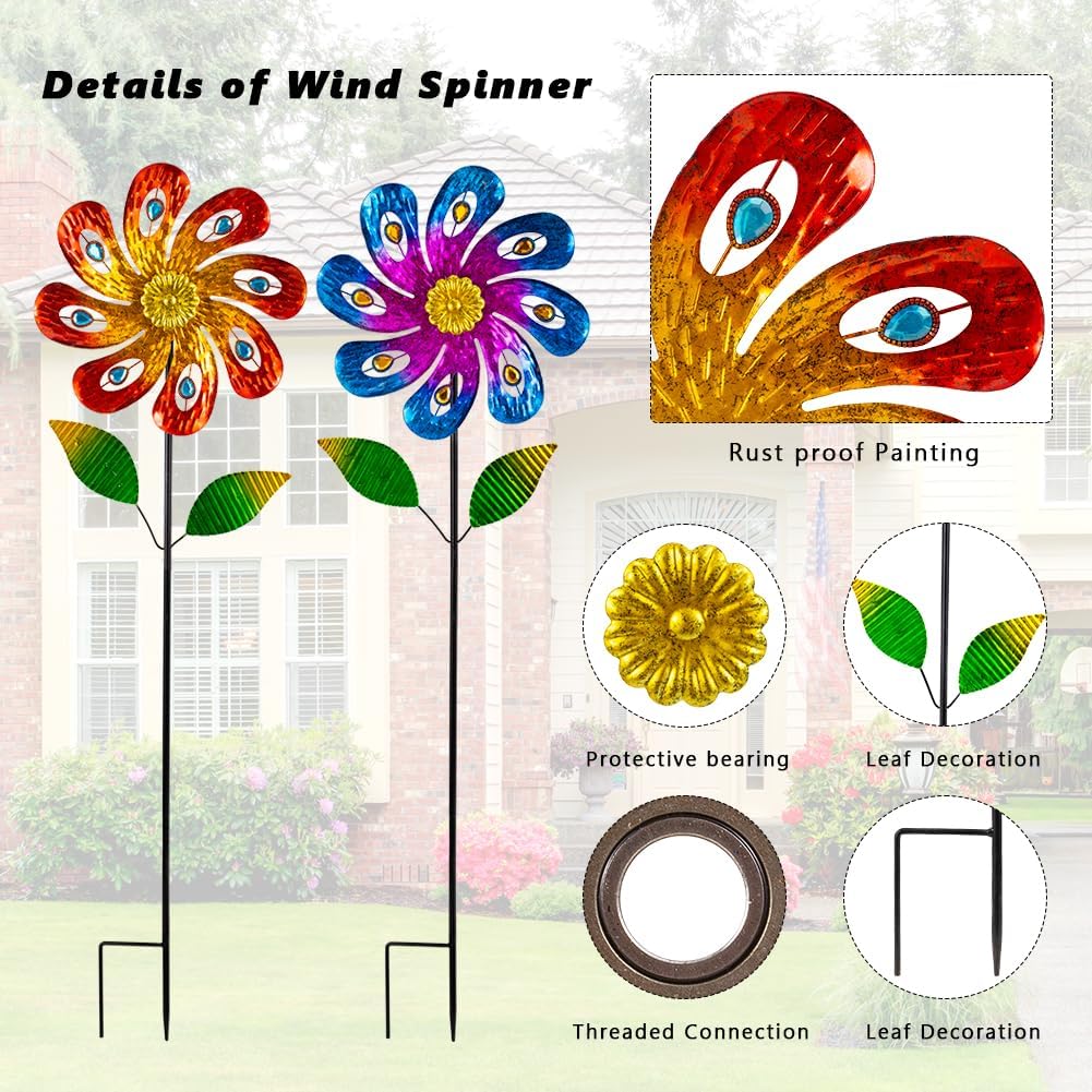 ウィンドスピナー アウトドア メタルウィンドスカルプチャー&amp;スピナー 杭付き カラフルな花の風車 庭 テラス 芝生 庭の装飾