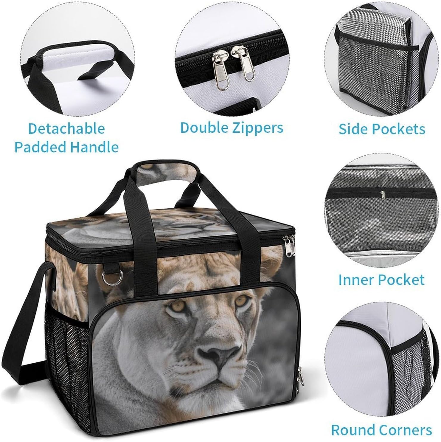 Large Capacity Oxford Cloth Lioness with Blue Green Eyes Printed Camping Ice Bag, Outdoor Portable Insulation and Cooling Bag, Suitable for Outdoor Camping and Picnics