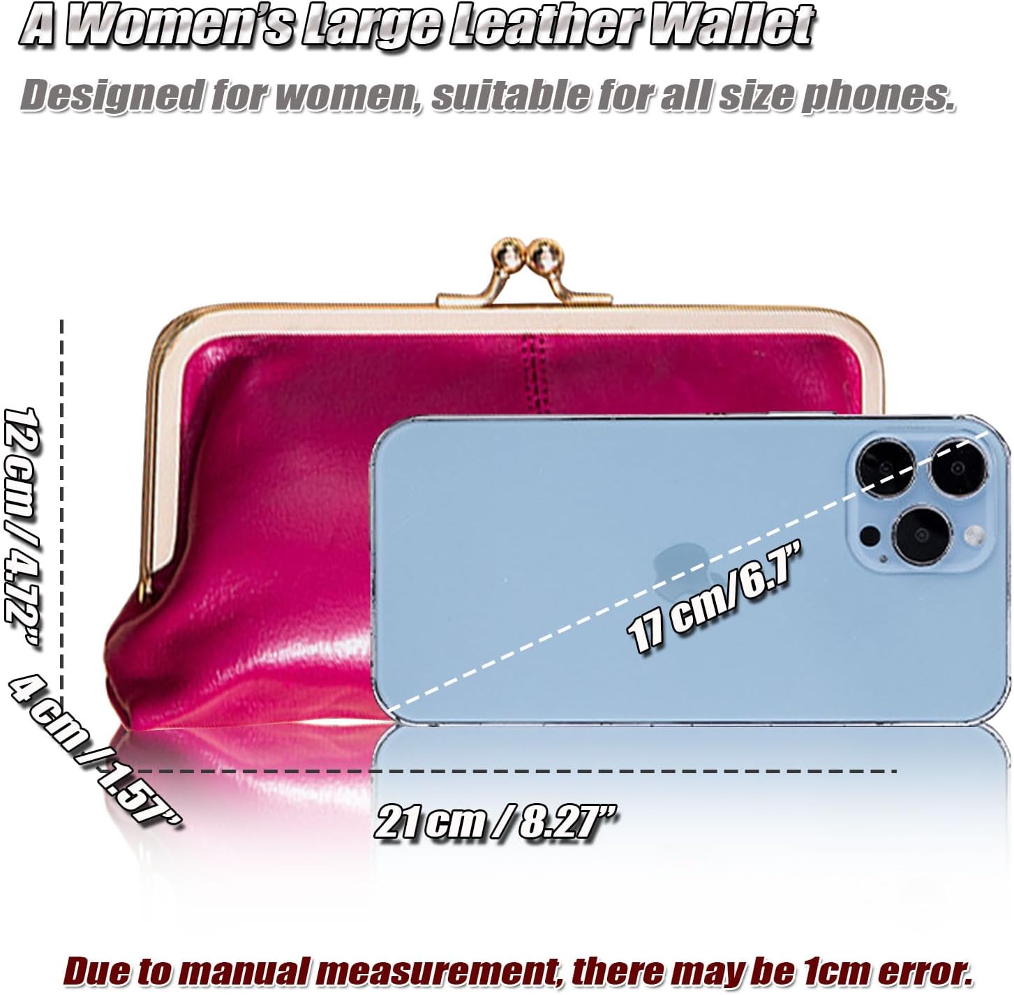 Vintage Large Genuine Leather Wallet for Women- Stylish Kiss-Lock Design(Bright Pink)