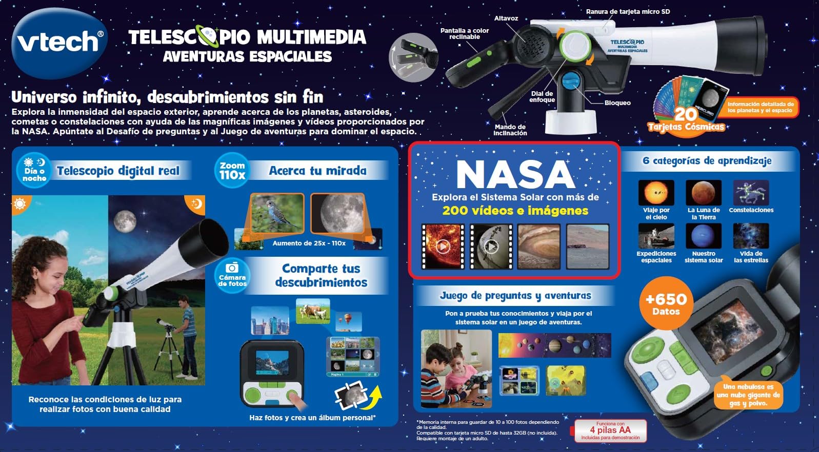 VTech - Telescopio Multimedia Aventuras espaciales, Telescopio Interactivo con Pantalla a Color, +200 Fotos y vídeos de la NASA, Juguete científico niños +7 años, Contenido en Español
