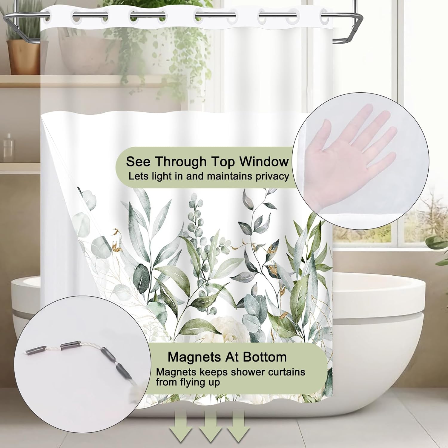 Lindameler Green Nature Plant No Hook Shower Curtain with Snap in Replacement Liner Set 72"x72" Waterproof Polyester Hotel Shower Curtain with See Through Mesh Top Window (Plant)