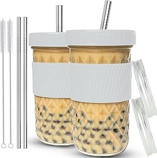 Reusable Smoothie Cups Boba Tea Cups with Lid and Straw,Bubble Tea Cup Glass Tumbler Travel Mug, Wide Mouth Mason Jar Cups...