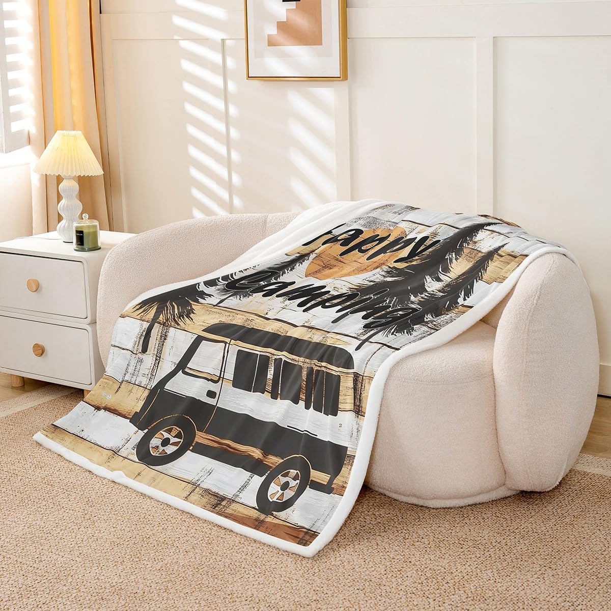Erosebridal Happy Camping Kids Fleece Blanket Twin 60"X80" Rustic Farmhouse Camper Throw Blanket for Girls Boys Bed,Camping Trailer Jungle Sherpa Blanket,Vintage Old Barn Door Flannel Blanket