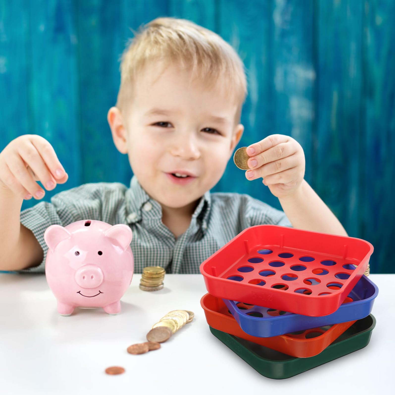 Hemobllo 4 Pezzi Vassoio per Smistamento Monete in Plastica Impilabile 4 Scomparti Colorati per Organizzare Centesimi, Nichelini, Decimi e Quarti per Uso Quotidiano