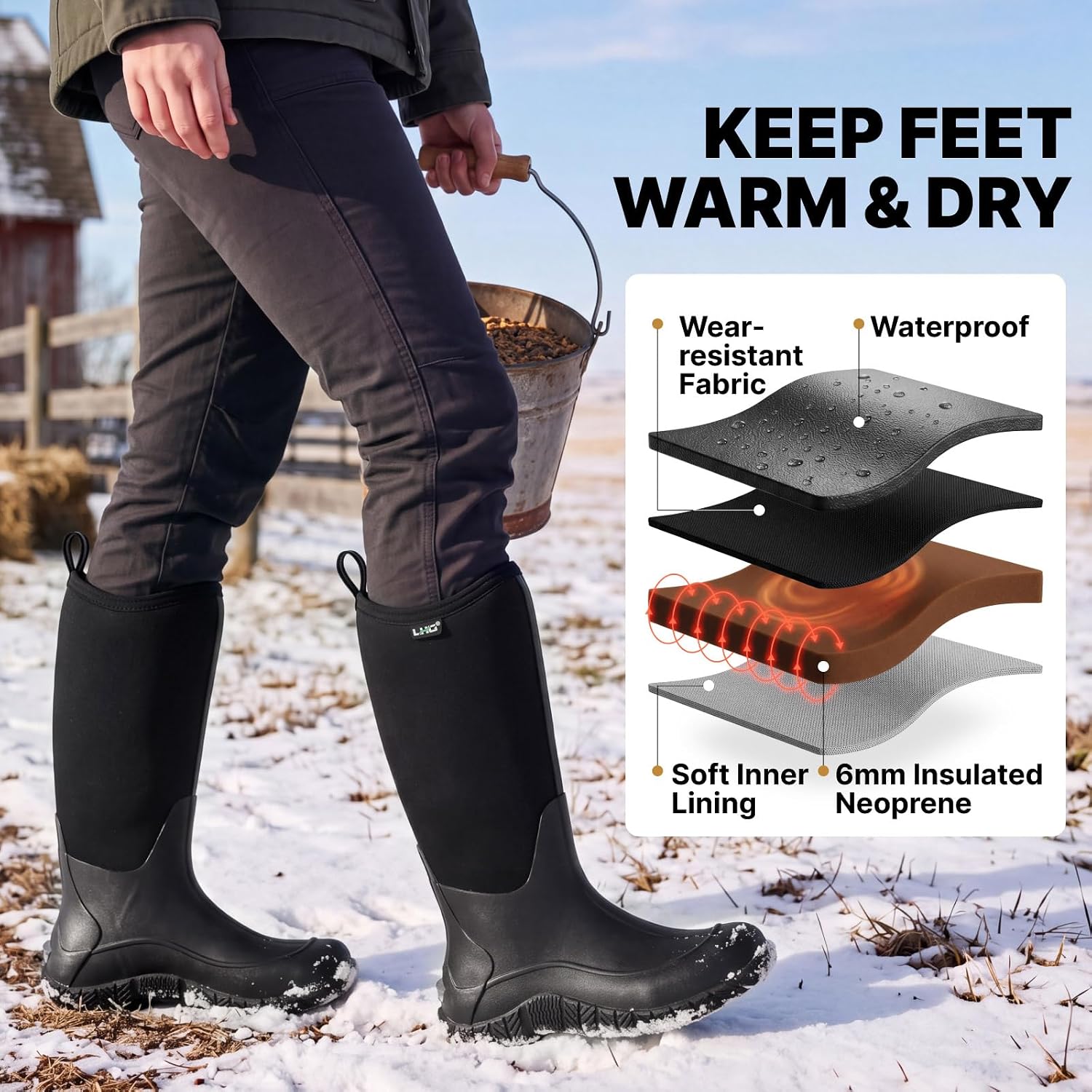 LHG Women's Rain Boots Waterproof Insulated Rubber Mud Boot