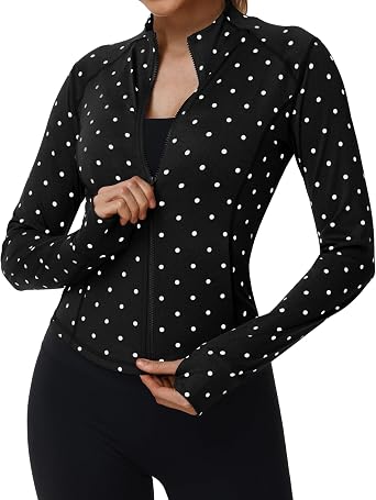 Womens Polka Dot Yoga Jacket Full Zip High Stretch Athletic Workout Running Sports Coat with Thumbholes