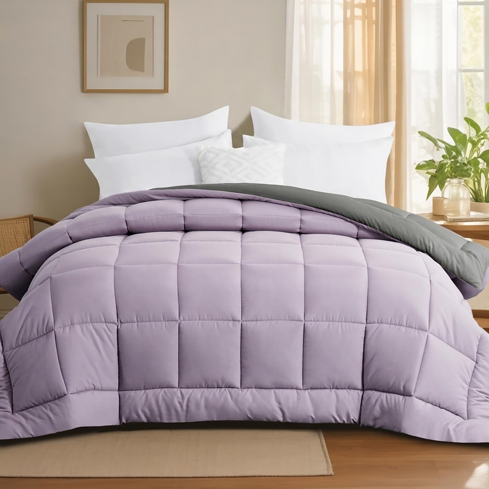 Tifschlaf Coverless Duvet Single 10.5 Tog - Reversible Bed Duvet for All Seasons, Luxury Lightweight Quilt Washable Comforter Only 135x200cm Lavender Purple/Grey